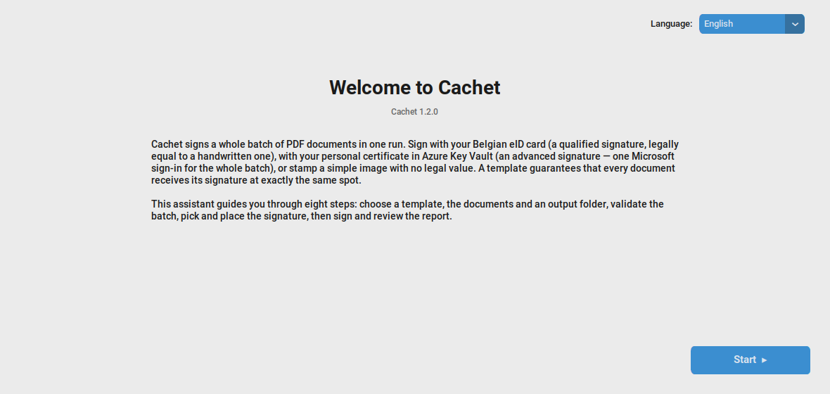 The Cachet welcome screen, with the language selector and the Start button